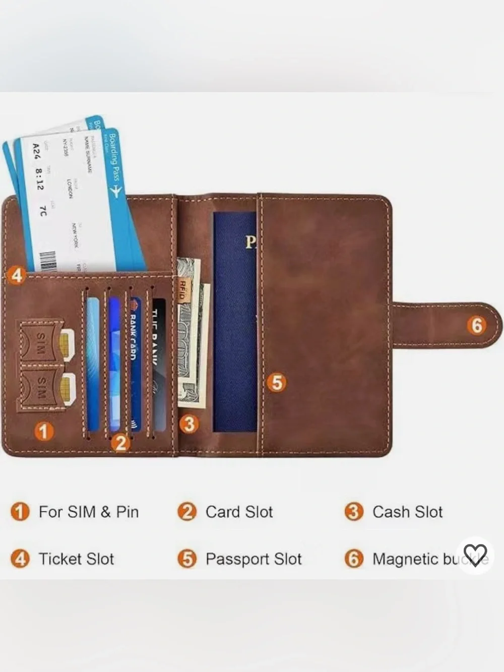 NEW Brown Vegan Leather Slim Passport Holder RFID Blocking Embossed 7 pocket